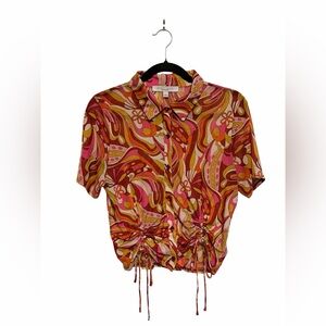 Sweet Rain Psychedelic Swirl Print Boho Festival Crop Top Sz L 70s Coachella